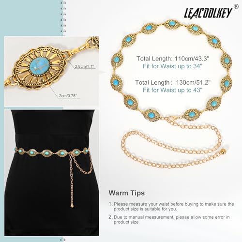 Image of LEACOOLKEY Women Turquoise Concho Chain Waist Belt Silver Western Cowgirl Metal Chain Belt for Dress Adjustable