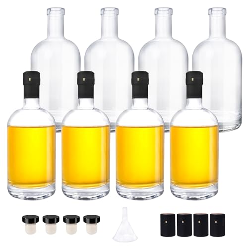 8 Pack 16oz Clear Glass Bottles with Cork Lids and PVC Shrink Capsules, 500ml Liquor Bottles with T-shaped Caps, Empty Heavy Base Wine Bottles for Wine, Whiskey, Soda, Beer, Juices, Beverages