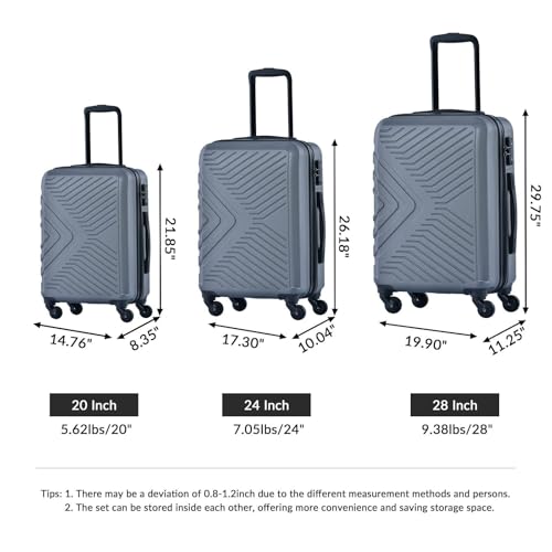 3 Piece Lightweight ABS Luggage Set with Spinner Wheels and Two Hooks - Gray Travel Suitcase Set2
