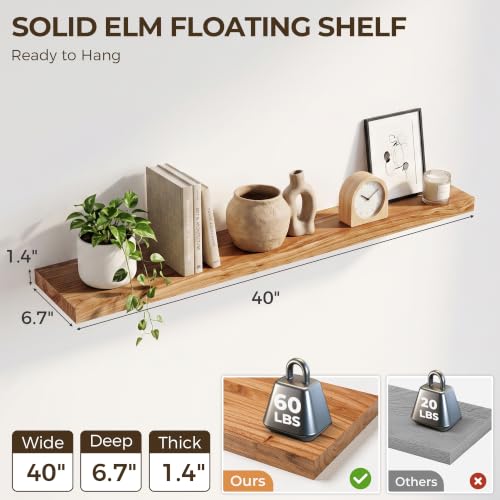 Image of Elm Floating Shelves for Wall - 40 in Rustic Solid Wood Shelves with Heavy-Duty Invisible Bracket, Wall-Mounted Wooden Shelf for Living Room, Bathroom, Kitchen Storage & Display, Set of 2, Natural
