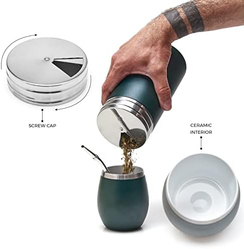 BALIBETOV Yerba Mate Cup Set - Modern Yerba Mate Gourd, Thermos, Yerba Mate Container (Yerbero), Bombilla (Mate Straw) and Cleaning Brush - 304 18/8 Stainless Steel (Green)