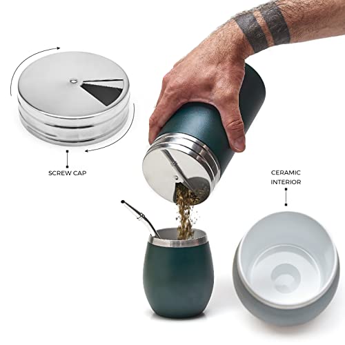 BALIBETOV Complete Yerba Mate Set - Modern Mate Gourd, Thermal Flask, Yerba Container, Bombilla and Cleaning Brush Included - All Premium Quality 304 18/8 Stainless Steel (GREEN)