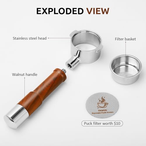 51MM Bottomless Portafilter 2 Ears-Fits Delonghi ECP3420/EC155/BCO430/EC260 with Puck Screen & 100% Stainless Steel Filter Basket,Walnut Handle