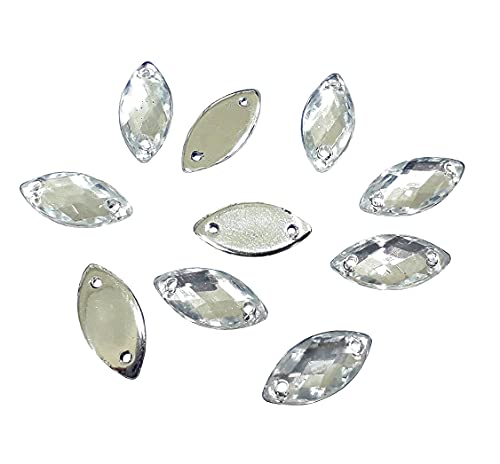 Perlin Rhinestone 100 Pieces Crystal Acrylic Loose Cut Gem Set, 15 x 7 mm, Clear, Oval for Garment Crafts Clothing and Bag Decoration