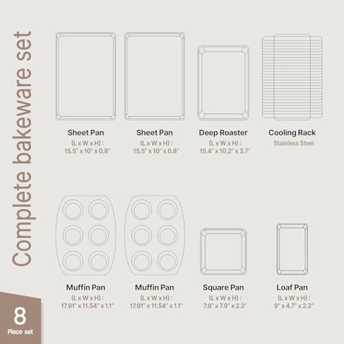 Bakken 8-Piece Ceramic Coated Bakeware Sets, Nonstick Aluminized Steel Pans with Muffin, Loaf, Cake, Roasting Pan, & Cooling Rack, Oven Safe Up To 500°F, Dishwasher Safe, BPA, PTFE & PFAS Free, Cream - Image 3