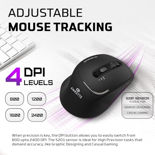 Image of Amkette Hush Pro Epic Rechargeable Wireless Mouse /Bluetooth Mouse | 3 Device Connectivity (2xBT&2.4G)| 2400 DPI |Silent Switches| Premium Ergonomic Design Type C Charging | Black