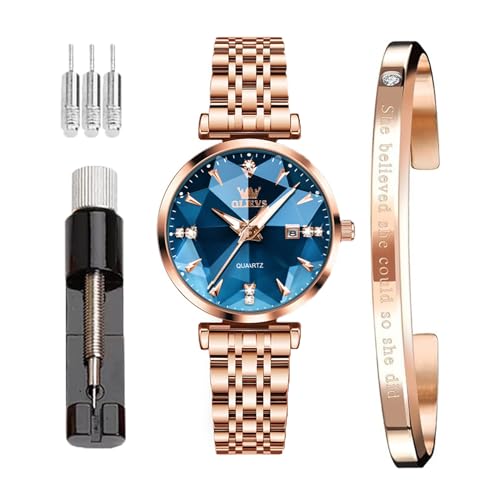 OLEVS Relojes de mujer relojes de moda de acero inoxidable de rosa de cuarzo japonés, cristal de oro, relojes de mujer impermeables y lujosos, relojes de cuarzo simulados de calendario elegante