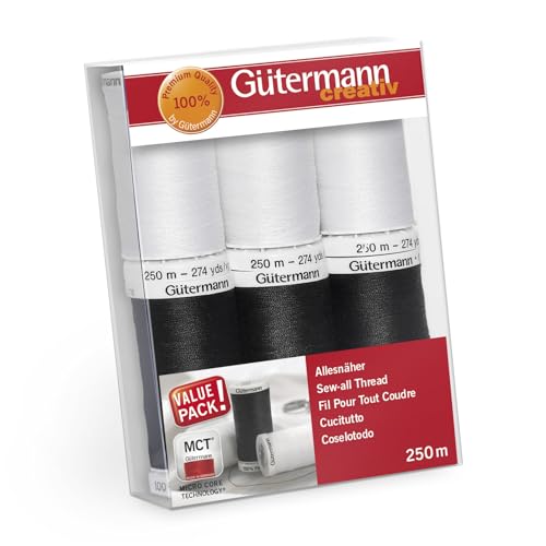 Gütermann creativ Kit de fil à coudre avec 6 bobines de fil Pour Tout Coudre 250 m en noir et blanc