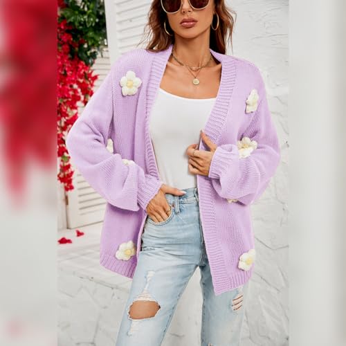 Image of Women's Knit Floral Applique Open Front Cropped Cardigan Sweater Lantern Sleeve
