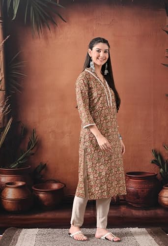 Image of Ichaa Women's Pure Cotton A-Line Ethnic V-Neck Kurta with 3 /4th Sleeve for Daily and Office Wear, in Plus Sizes