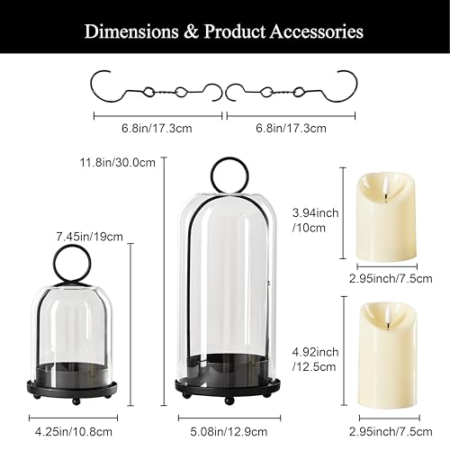 Ganwu 5\"&4\" Metal Candle Holder with Handmade Glass Dome in Brass & 2 Timer Candles, Set of 2 Versatile Hurricane Glass Candle Holders for Pillar Candles & Plants