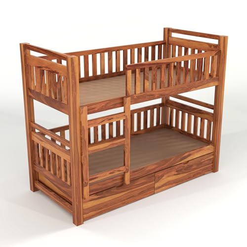 Image of Solid Sheesham Wood Bunk Bed Twin Over Bed with Ladder Wooden Bunk Bed with 2 Drawer Storage for Bedroom Living Room Home (Natural Finish)