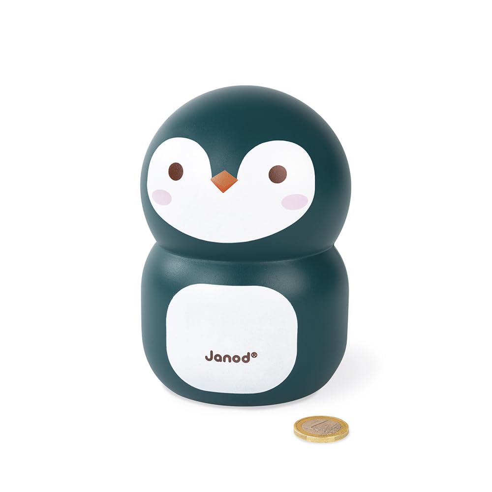 Janod - Penguin Wooden Children’s Money Box 5.9 inch - Children's Room Decoration - Suitable for Ages 3 and Up, J04650