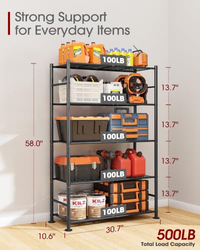 Sakugi-5-Tier-Garage-Shelving-Unit-Heavy-Duty-Metal-Storage-Shelves-Anti-Tip-with-Leveling-Feet-Stable-Storage-for-Kitchen-Pantry-and-Living-Room-Organization-Black-307-x-106-x-58