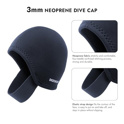Dizokizo Neoprene Diving Hood for Men Women, Thermal Wetsuit Hood Swim Cap with Chin Straps, 3mm Diving Headgear Surfing Head Cover for Water Sports Scuba Snorkeling Kayaking Sailing (M)