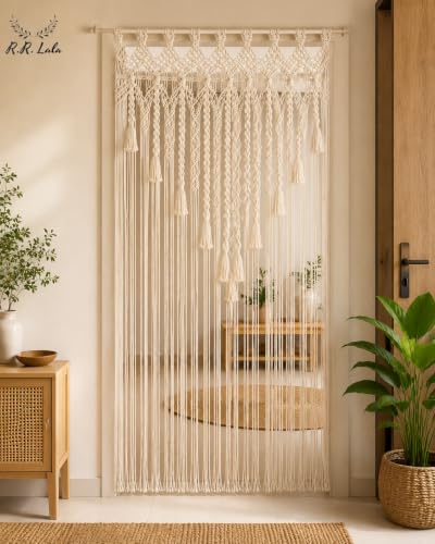 Image of Macrame Curtains |Handwoven Boho Curtains| Bohemian Curtain for Windows Door Cotton for Home | Window Doorway Backdrop Arch (Lvory H' 80x W' 40 inch 1 Peach)
