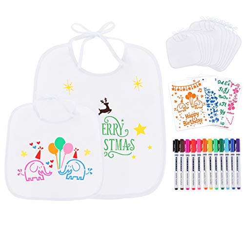 Preisvergleich Produktbild Personalisiert Baby Lätzchen - 12 Stück Bemalen Kinderlätzchen für Babydusche, Baby Dreieckstuch Halstücher mit 12 Textilstiften und 4 Malen Schablonen, Dreischichtiges Taschenvlies 18*18cm+ 25.5*30cm