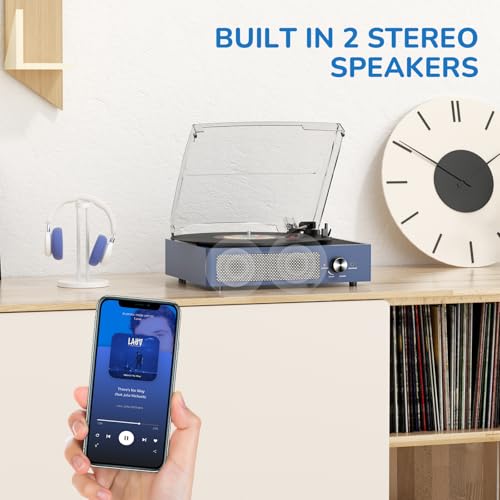 Image of Vinyl Record Player with 2 Stereo Speakers Belt-Driven Vintage Turntables 3 Speed 3 Size Wireless Bluetooth Playback AUX-in RCA Out Headphone LP Vinyl Players Auto Stop Frosted Purple