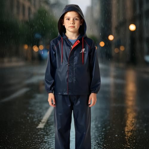 Image of Amazon Brand Symactive Reversible Double Layered Standard Length Hooded Raincoat with Pants for Kids (Unisex) | Waterproof | Elastic Cuffs | Age 08 10 Years | Blue | Polyester