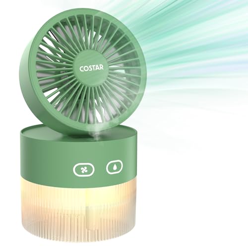 COSTAR Portable Table Fan with Mist Humidify, USB Rechargeable Fan w/Night Light, Brushless 3 Speeds Personal Mini Fan, 180° Rotate Evaporative Air Cooler 350ml Water Tank