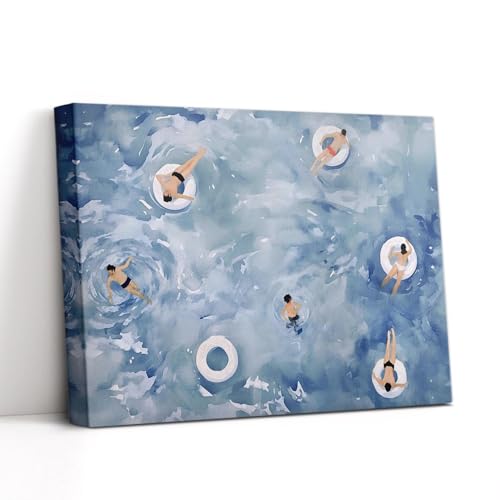 Tiny People Swimming At Pool-Retro Summer Theme Canvas Wall Art,Vintage