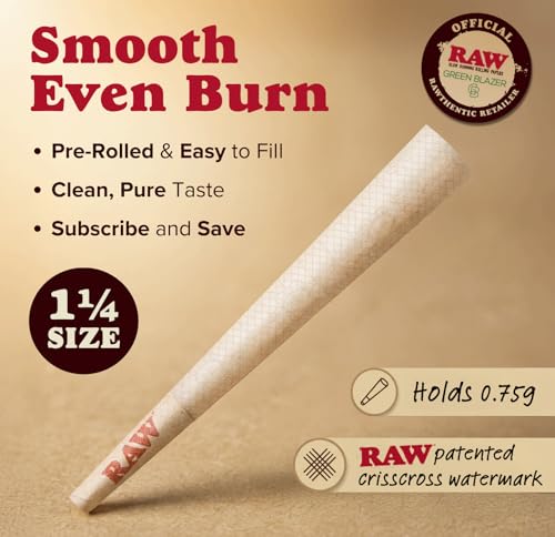 Image of RAW Cones Classic 1 1 /4 Size: 150 Pack Patented Slow Burning Pre Rolled Rolling Papers & Tips, All Natural Raw Paper, 84mm