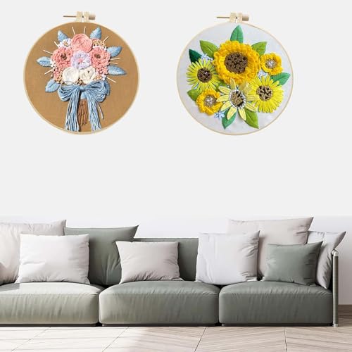 Image of Allazone 2 Sets Embroidery Kit for Beginners, Stitch Practice Kits for Craft Lover Hand Stitch with Embroidery Fabric with Stamped Pattern, Starter Stitch Kits Suitable for Adults (Sunflower)