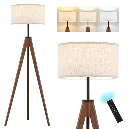 Image of ELYONA Ash Wood Tripod Floor Lamp Stepless Dimmer & Color Temperature, Remote Control Mid Century Modern Coner Standing Lamp Linen Shade for Living Room Bedroom Office, LED Bulb Included, Walnut
