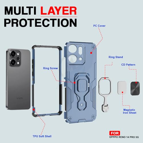 Image of AESTMO Armor Back Cover for Oppo Reno 14 Pro 5G | Ring Holder & Kickstand & Camera Protection in-Built | 360 Degree Protection Back Case Cover (Blue)