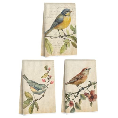 Image of 3 Pcs Vintage Birds Kitchen Towels, Vintage Artistic Decorative Absorbent Microfiber Dish Cloth Tea Towel, Durable Hand Towels for Farmhouse Home Bathroom, Bird Lover Gifts