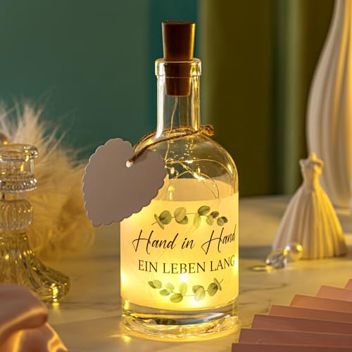 BBTO LED Flaschenlicht mit Spruch „Hand in Hand Ein Leben Lang Hochzeitsgeschenk für Brautpaar, Geldgeschenk Hochzeit, Geschenk Silberhochzeit, Leuchtflasche mit Lichterkette Hochzeit Deko