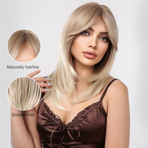 Perruque synthétique ondulée blonde dorée effet cheveux naturels frange