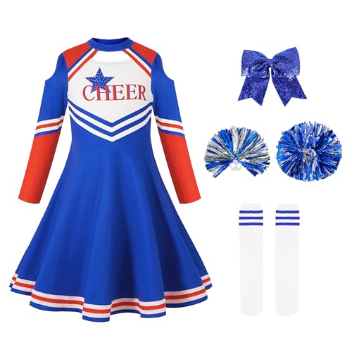 LOLANTA Girls Blue Cheerleader Outfit, Kids Long Sleeve Cheerleading Costume with Pompoms