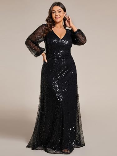 Ever-Pretty Women's Elegant A-Line V Neck Sheer Long Sleeves Plus Size Sequin Formal Dress Evening Gown4
