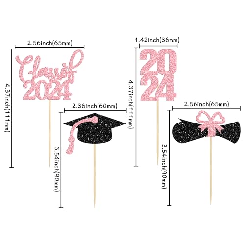 36 Pack 2024 Graduation Theme Cupcake Toppers Glitter Class of 2024 Diploma Graduation Cap Cupcake Picks 2024 Graduation Theme Party Cake Decorations Supplies Pink - Thumbnail 2