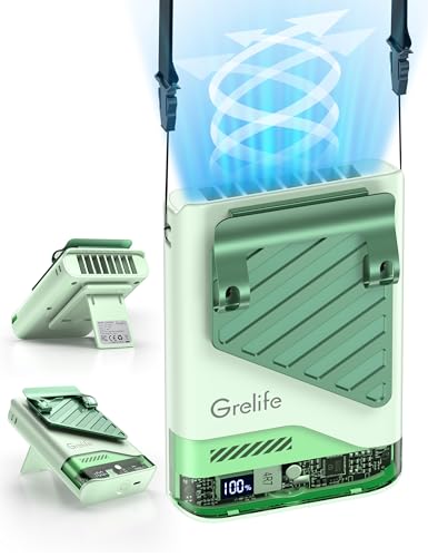 Grelife Ventilador portátil con IA mejorado 2025 con pantalla LED y tiempo de funcionamiento de 40 horas, ventilador de cintura personal de enfriamiento de 5 velocidades de 10000 rpm, velocidad de