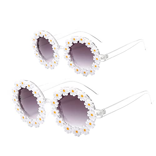2 Pairs Daisy Sunglasses Round Flower Glasses Novel Floral Party Sunglasses Sun Shades Eyewear for Mum and Daughter