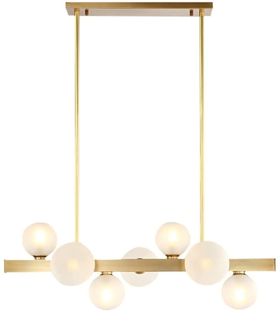 Bloohk One Color Mid-Century Gold Brass Linear Chandelier, Globe Glass Pendant Light