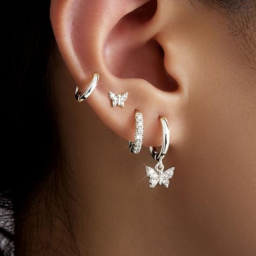 Image of Small Gold Huggie Hoop Earrings Set for Women Men Hypoallergenic 14K Plated Stack Cartilage Earrings, Sterling Silver Multiple Piercing Lightweight Mini Thin Cute Dainty Trendy Jewelry Gifts for Women