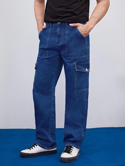 Image of Men's Straight Fit Denim Cargo Pants - Casual Multi-Pocket Work Jeans