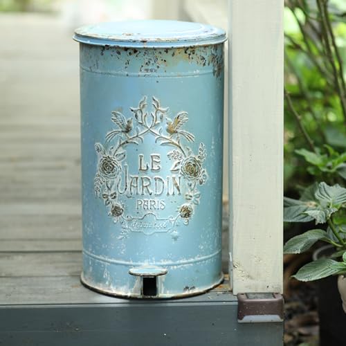 Z&Z ornamentorum Retro Kitchen Trash Can with Lid 15 Liter/4 Gallon and Pedal Round Touchless Garbage Cans with Flower and Bird Patterns Outdoor Trash Can for Kitchen Park Garden Blue Flower