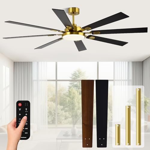 Image of 72 Inch Ceiling Fans with Lights and Remote, Dual Color 8 Blades, Bedroom Living Room Office Library Cafe Outdoor Industrial, 3CCT Dimmable, 6 Speed Reversible Quiet DC Motor, Gold /Wood Grain