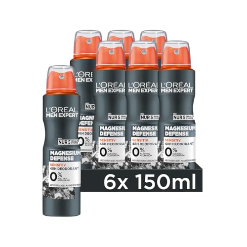 LOréal Men Expert 48H Sensitiv Deospray für Männer Bodyspray gegen Schweißgeruch Schwitzen und Achselnässe Herren Antitranspirant ohne Alkohol und Aluminium Magnesium Defense 6 x 150 ml