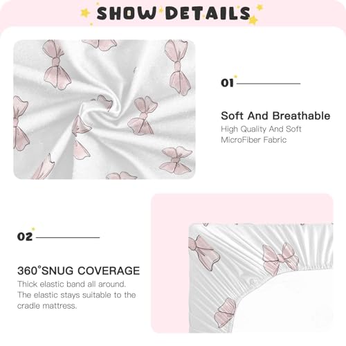 Image of Cute Beautiful Pink Bow Fitted Crib Sheets Stretchy Portable Playard Sheets for Baby Toddler, Breathable Soft Mini Crib Mattress 52 x 28 in for Boys and Girls