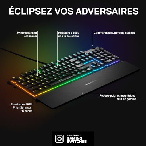 SteelSeries Apex 3 - Clavier de Gaming - Illumination RVB sur 10 Zones - Repose-Mains Magnétique Premium - Agencement Français AZERTY – Image 4