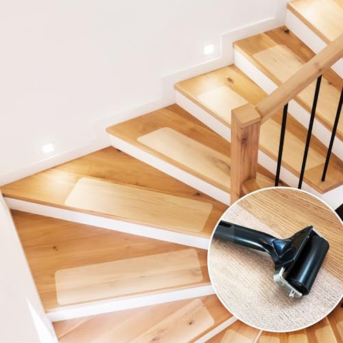KARAT Stufenmatten transparent für Treppen -15 Stück - 60 x 10 cm, Antirutschstreifen selbstklebend inkl. Montageroller - Treppenstufen Matten für Holztreppen, Anti Rutsch Streifen Treppe (Henri)