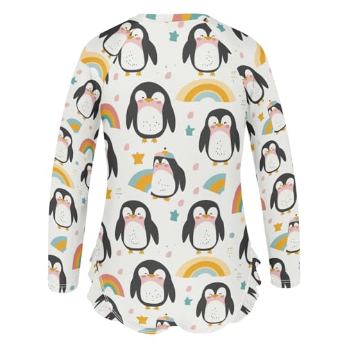 Cute Penguin Rainbow Girls Long Sleeve Swimsuit Rash Guard One Piece Bathing Suits Zipper 3-12T3