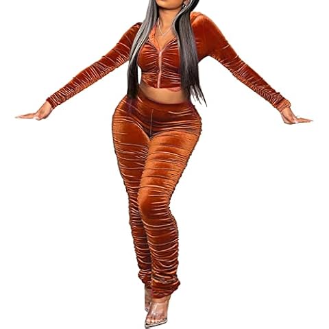 Womens Long Sleeve Velvet Ruched Matching Set Zipper Hoodie Crop Top and Long Pant Sweatsuits for Women Set, Brown, Medium Cover