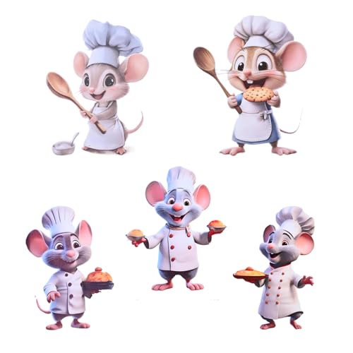 5 Adorables Stickers Muraux Souris Chef Souris Autocollant Cuisine Gâteaux et Biscuits Deco Murale Sticker Cuisine pour Chambres d'Enfants Crèche Salon Tables et...