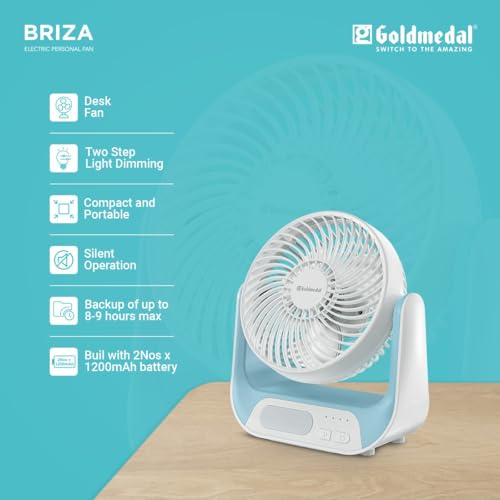 Image of Goldmedal Briza 150 mm Mini Portable Fan| Desk Mounted| Type-C USB-Powered Rechargeable Battery with 8-9 Hours Backup| 2-Light Brightness Dimming| Personal Fan for Home & Office (White-Blue)
